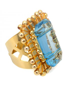 Anel Dourado Quadriculado Com Resina Azul