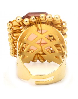 Anel Dourado Quadriculado Com Resina Marrom