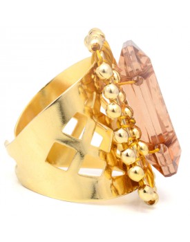 Anel Dourado Quadriculado Com Resina Marrom