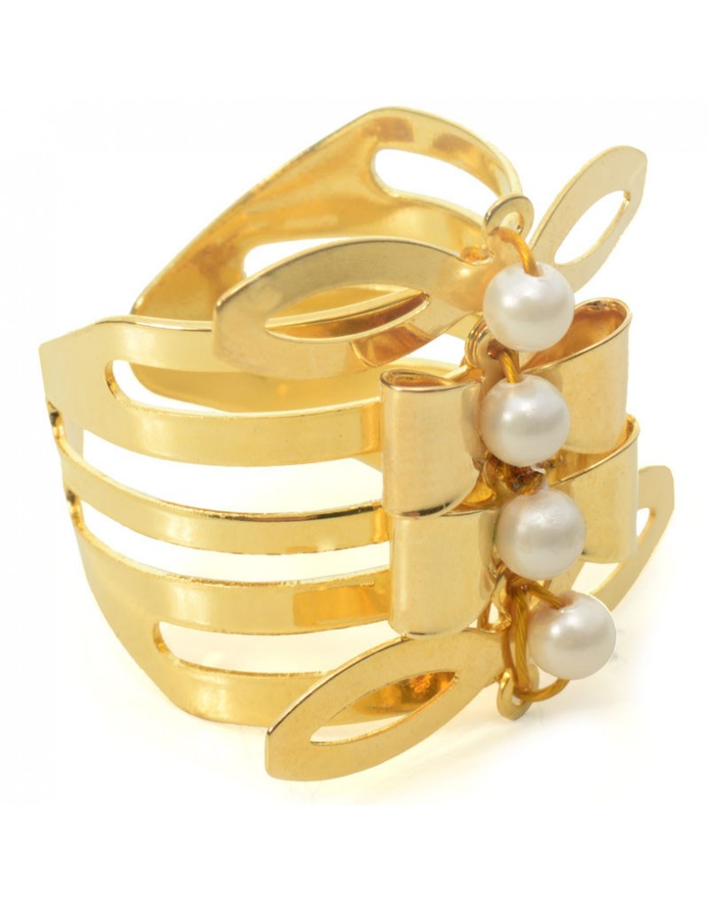 Anel Dourado 5 Fios Laços Com Pérola