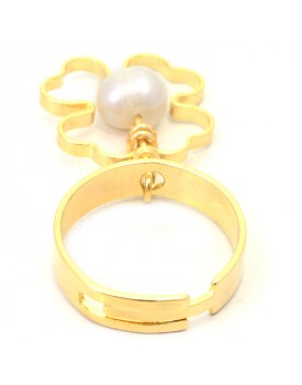 Anel Dourado Trevo Com Pérola