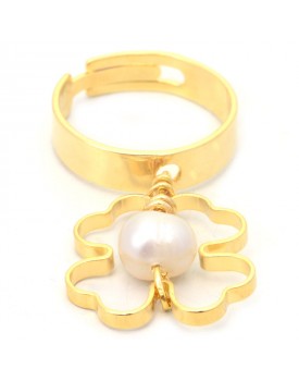 Anel Dourado Trevo Com Pérola