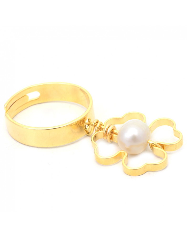 Anel Dourado Trevo Com Pérola