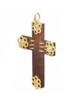 Pingente Dourado Crucifixo De Madeira