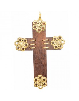 Pingente Dourado Crucifixo De Madeira