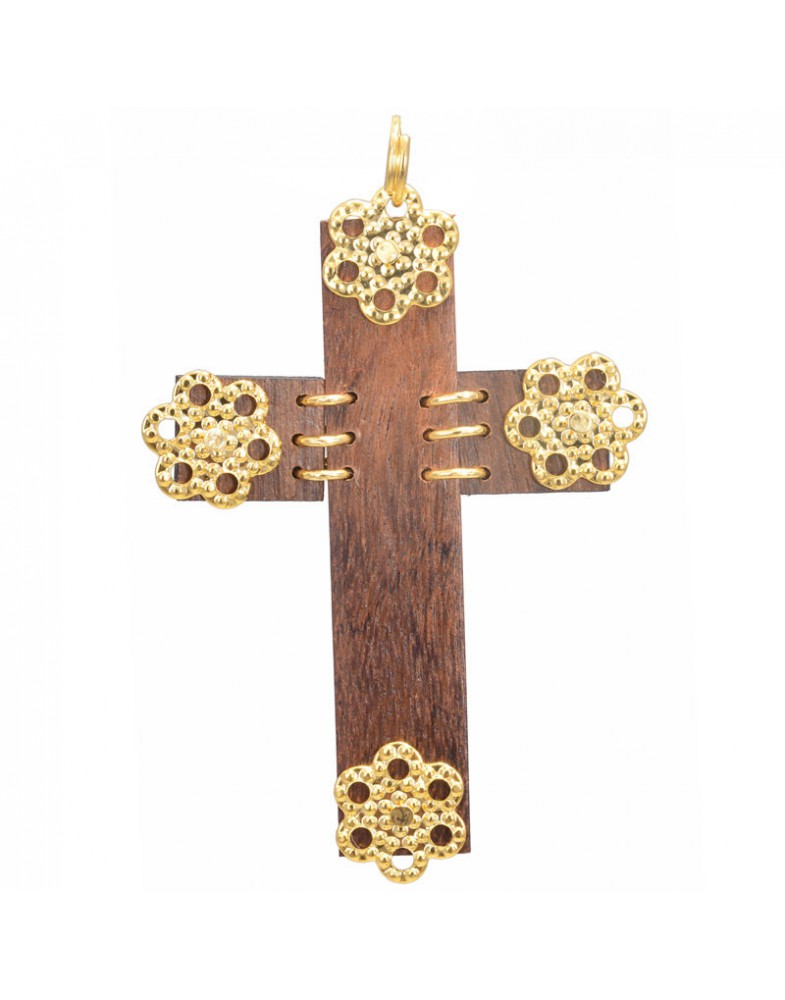 Pingente Dourado Crucifixo De Madeira
