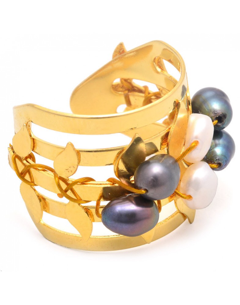 Anel Dourado Pérolas Com Galho