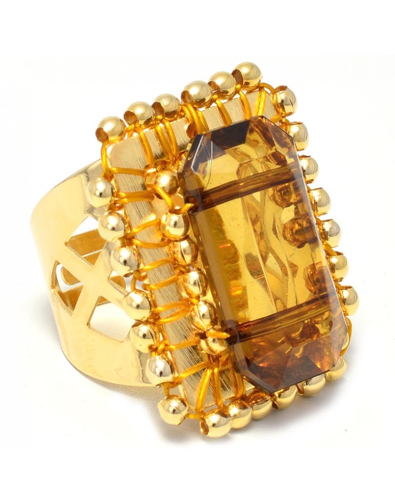 Anel Dourado Quadriculado Marrom Escuro