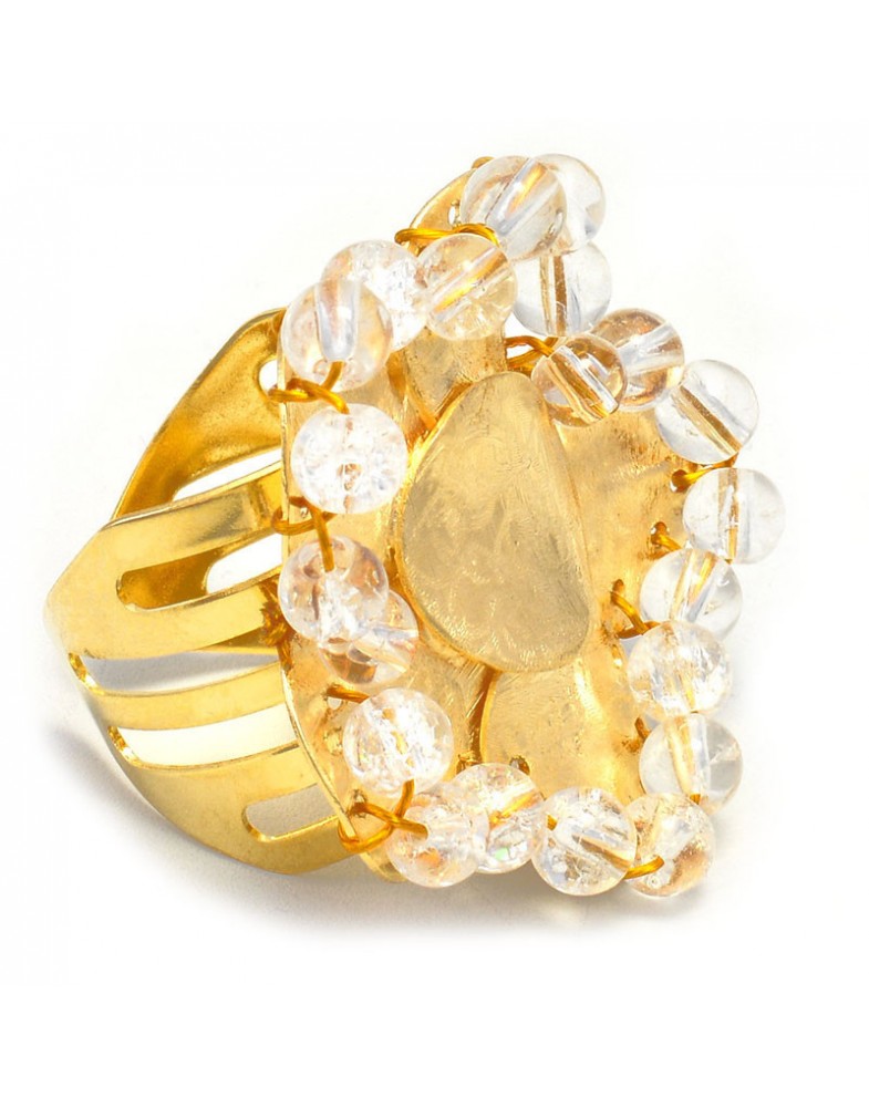 Anel Dourado Flor 5 Pétalas Caseada Com Cristal Craquelê