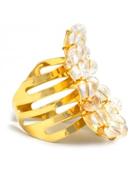 Anel Dourado Flor 5 Pétalas Caseada Com Cristal Craquelê