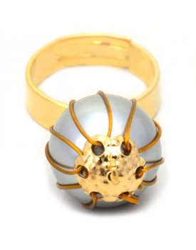 Anel Dourado Pérola Cinza Trançada