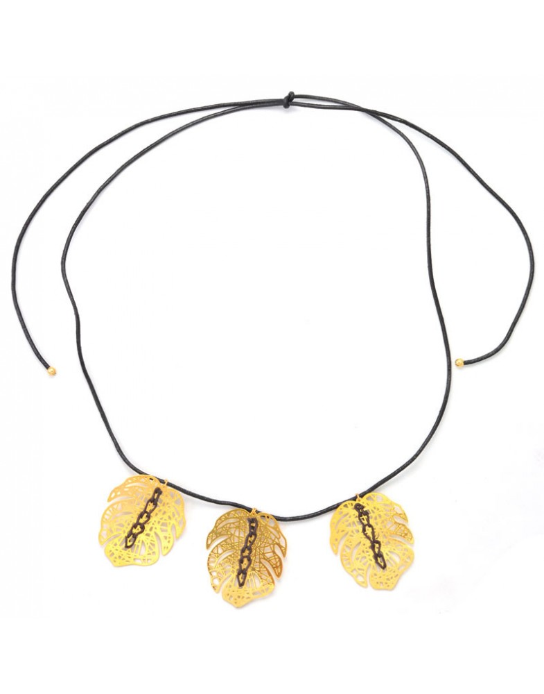 Colar Dourado Folhas E Couro