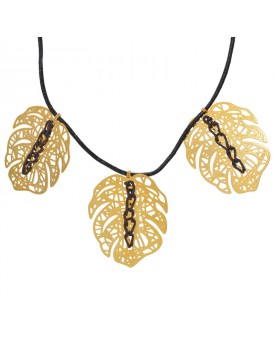Colar Dourado Folhas E Couro