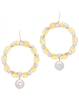 Brinco Dourado Coroa De Folhas E Pérolas