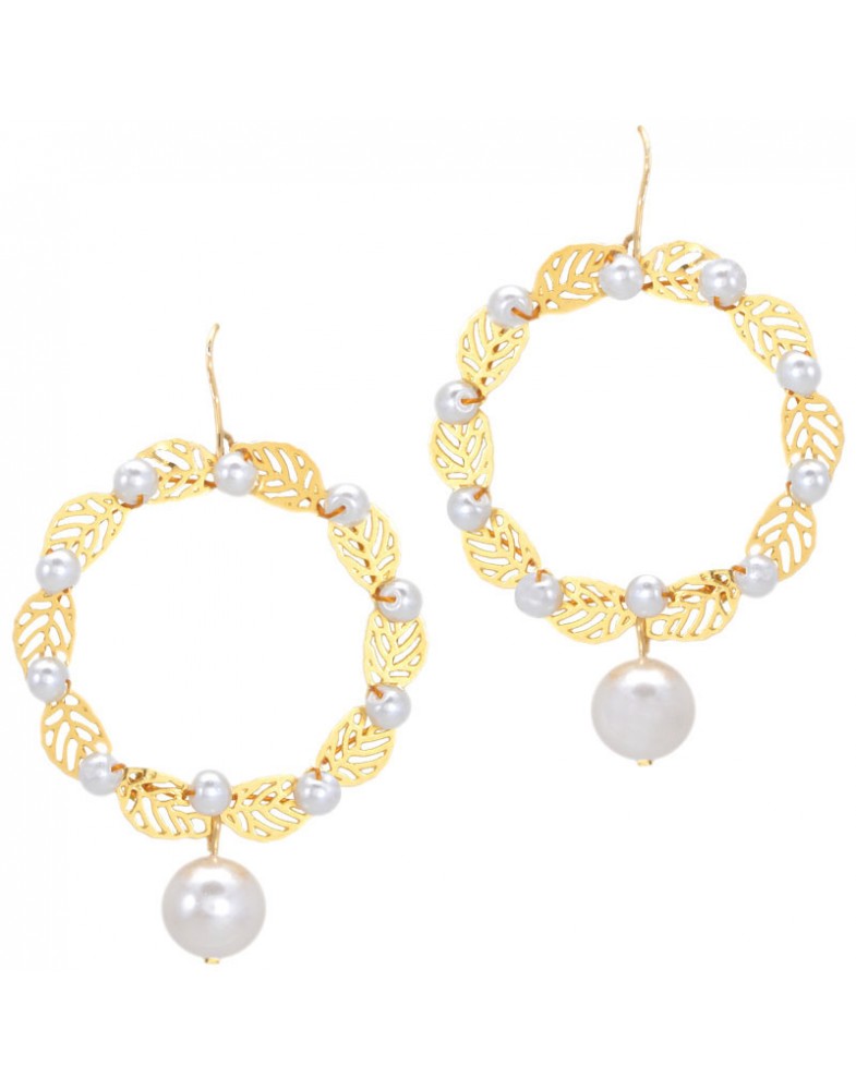 Brinco Dourado Coroa De Folhas E Pérolas