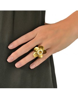 Anel Dourado Flor E Disco Madrepérola