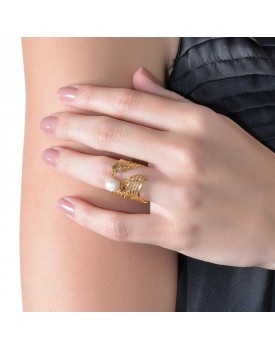 Anel Dourado Asas Com Pérola