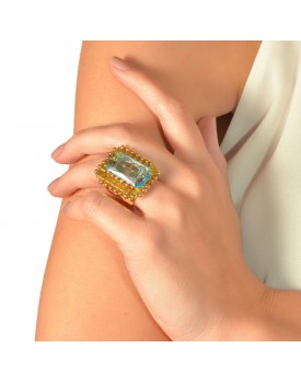 Anel Dourado Quadriculado Com Resina Azul
