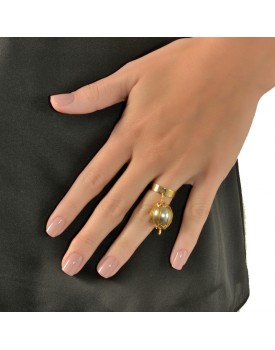 Anel Dourado Pérola Cinza Trançada