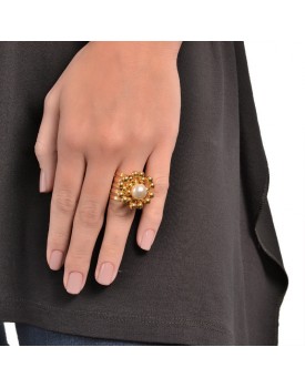 Anel Dourado Ninho De Bolinhas Com Pérola