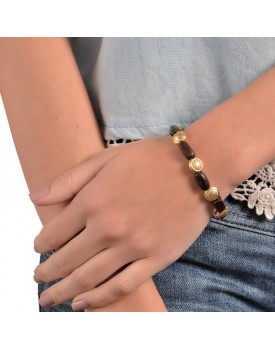 Pulseira Dourada Retangulo De Madeira E Bolas Chatas