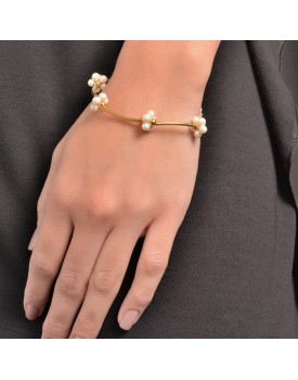 Pulseira Dourada Tubos E Flores De Pérola
