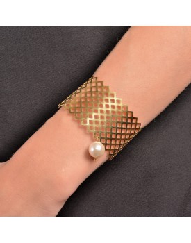 Pulseira Dourada Bracelete Geométrico Com Pérola