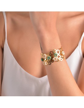 Pulseira Bracelete Bolas Vazadas Com Flores Turquesa E Pérola